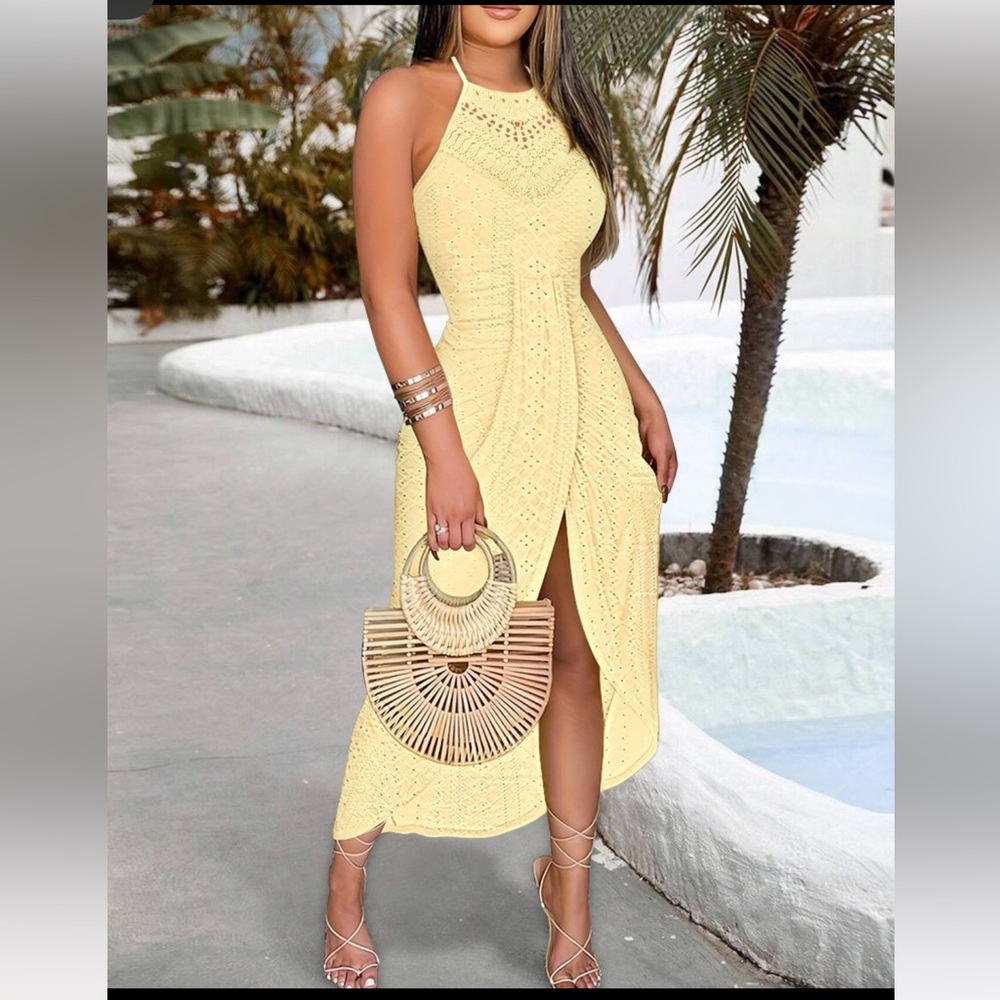 Chicme Yellow Crochet Midi Dress NEW!